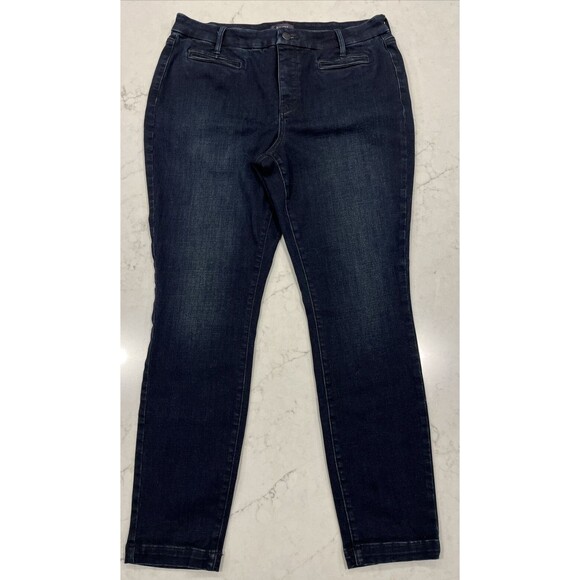 NYDJ Ami Skinny JEANS Denim Stretch Soft Blue Dark Wash LIFT TUCK Sz 12 EUC - Picture 1 of 13